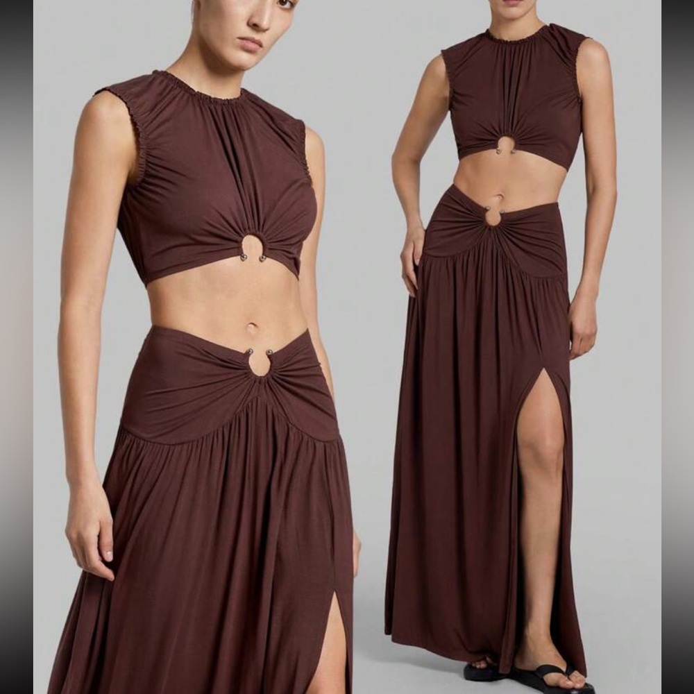 Brown High-Slit Ruched Top And Maxi Skirt SET - Brown